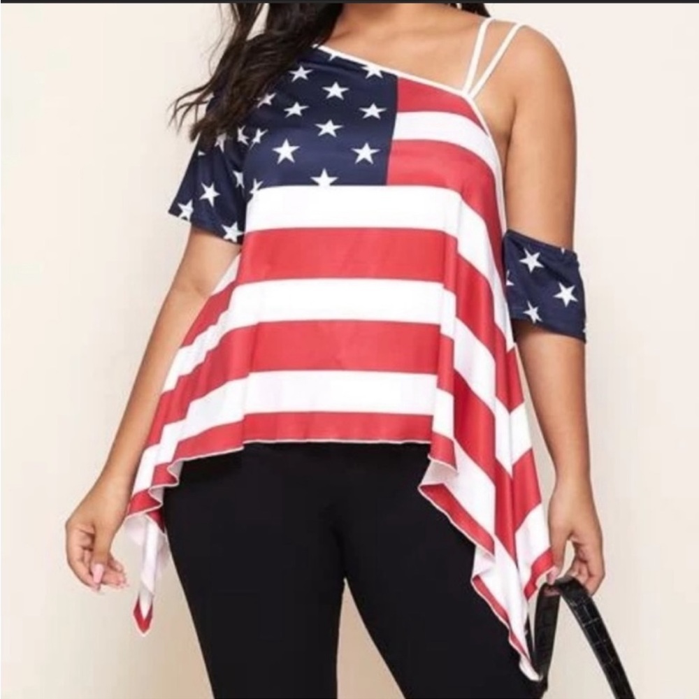 NEW•XL-2X•Miss Americana Red White & Blue Flag Flowy Top